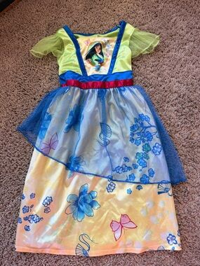 Disney Mulan Girls Floral Blue and Yellow Princess Nightgown Dress
